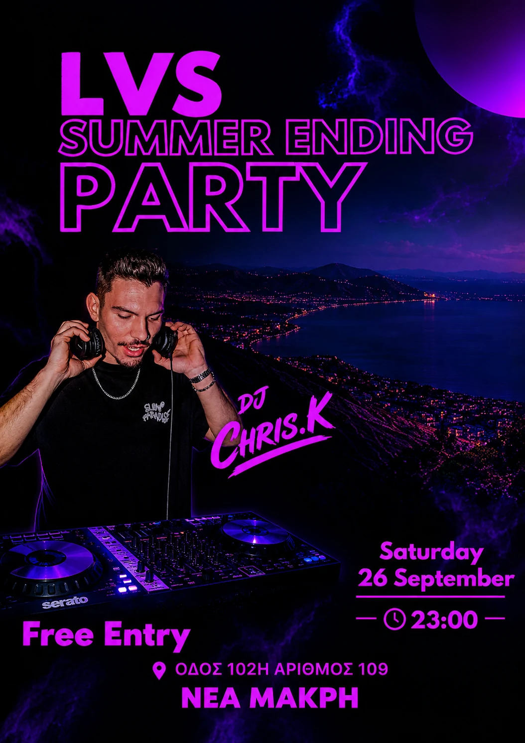 Αφίσα LVS Summer Ending Party, Σάββατο 26 Σεπτεμβρίου 2026 στις 23:00, με τον DJ Chris.K